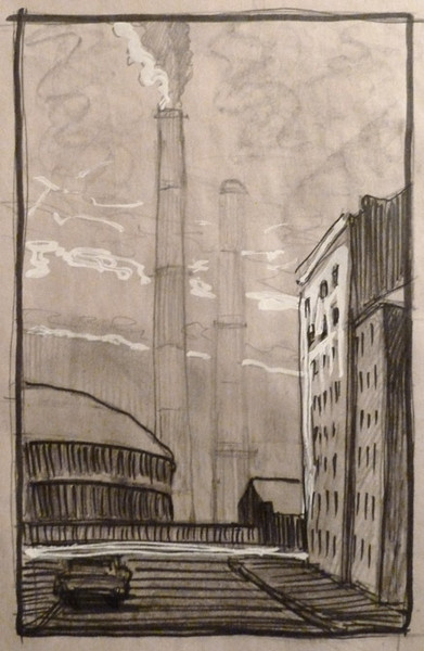 Gasholder in frosty morning. Sketch. paper, pencil, marker, whitenings.