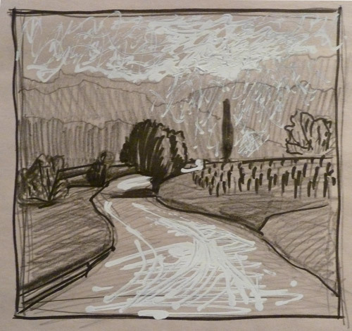 Tuscan sunset. Sketch. paper, pencil, marker, whitenings