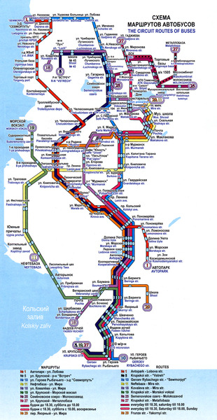 Схема маршрутов автобусов Мурманска по состоянию на 2009 год