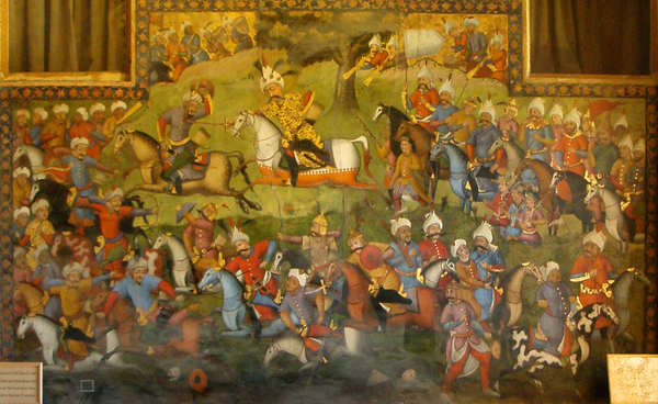 Из серии «Персидские 
узоры». Фреска «Сражение при Мерве в 1510 году, в котором шах Исмаил I победил и убил узбекского хана Мухаммеда Шейбани» во 
дворце Чехель Сотун.