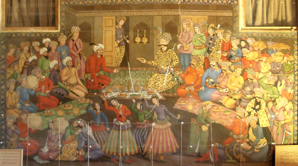 Из серии «Персидские 
узоры». Фреска «Концерт после приема шахом Аббасом I эмира Бухары Вали Мухаммед Хана в 1611 году» во дворце Чехель Сотун.