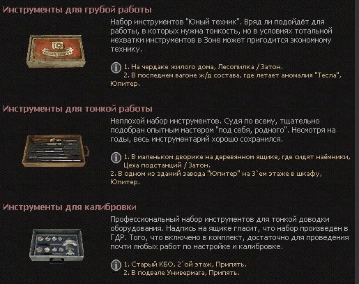Где в игре Сталкер Зов Припяти спрятанны инструменты? Где в игре Сталкер Зов Припяти спрятанны инструменты?