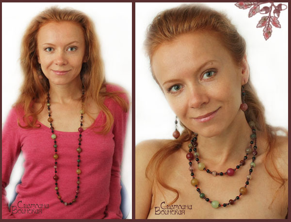длинные бусы из граната и халцедона